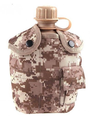 Армейская фляга пластиковая 1 литр,  в камуфлированном чехле с алюминиевым котелком, цвет Digital Desert